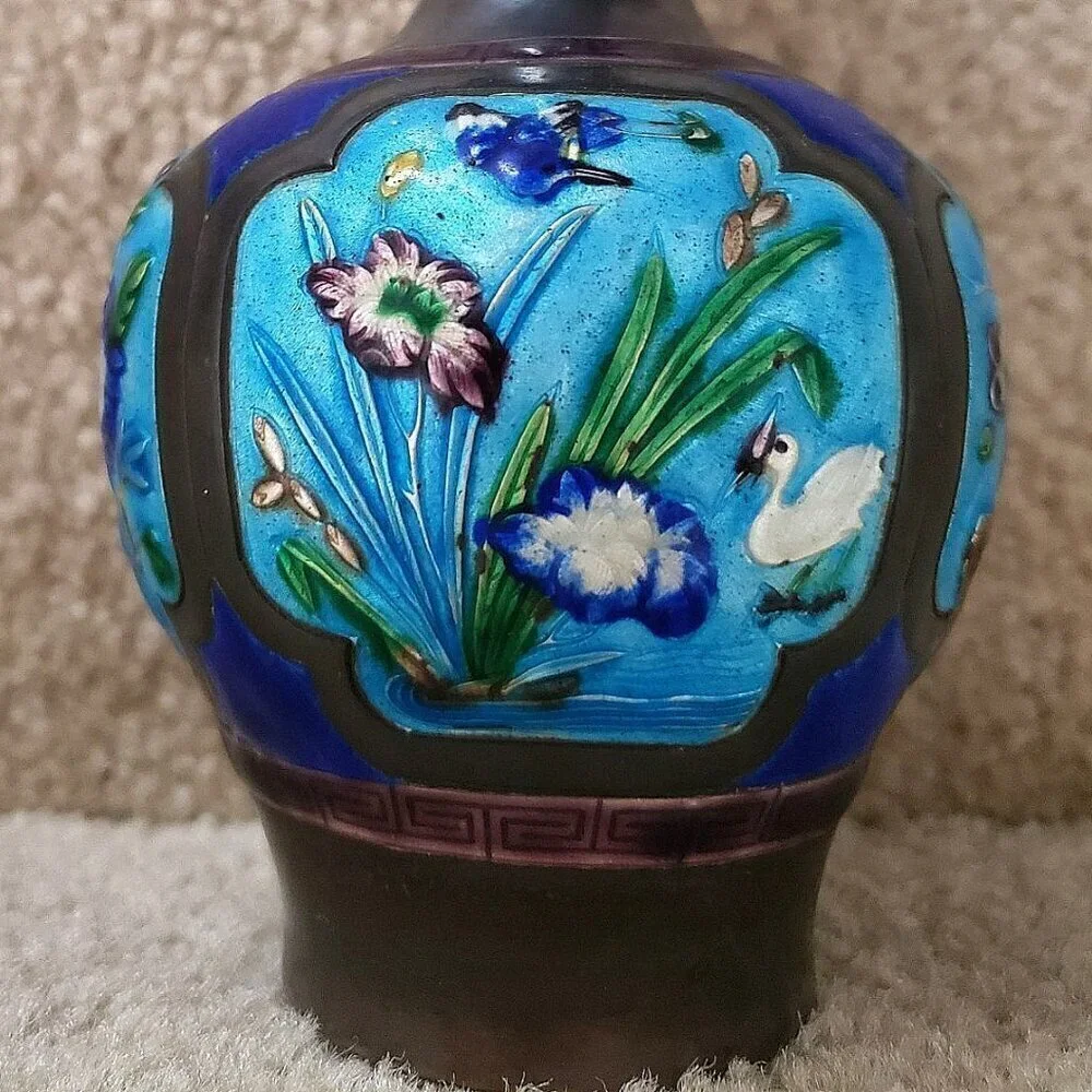 Small Vintage Cloisonne Genuine Silver Antique Natural Patina  Floral Vase Set